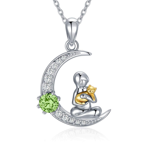 Sterling Silver Birthstone Moon Cat Pendant Necklace