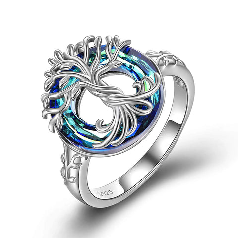 Tree of Life Ring s925 Sterling Silver with Blue Circle Crystal Jewelry Gift for Women Girls Mom Wife Birthday Mother's Day