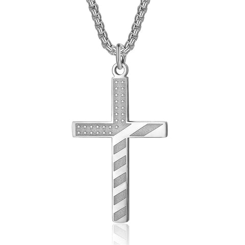 Stainless Steel American Flag Cross Pendant Necklace for Men