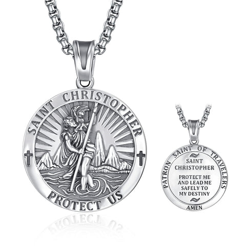 Sterling Silver Saint Michael Saint Christopher Amulet Pendant Necklace for Men