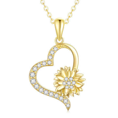 14K Gold Sunflower Heart Pendant Necklace