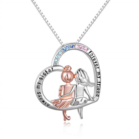 Sterling Silver Heart Sisters Pendant Necklace With Engraved