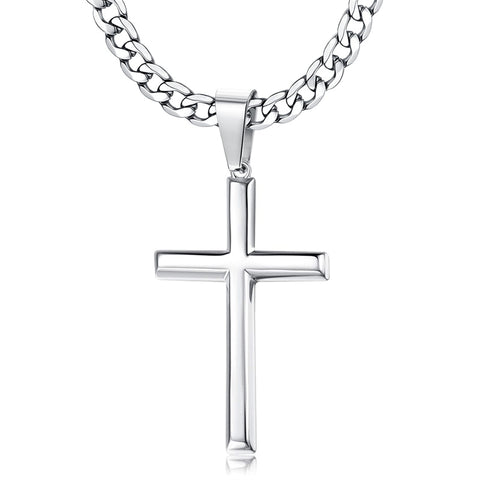 Sterling Silver Cross With Stainless Steel Cuban Link Pendant Necklace