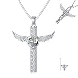 Cross Urn Necklaces for Ashes for Women S925 Sterling Silver Wing Cross Memorial Keepsake Urn Pendant with Heart Crystal