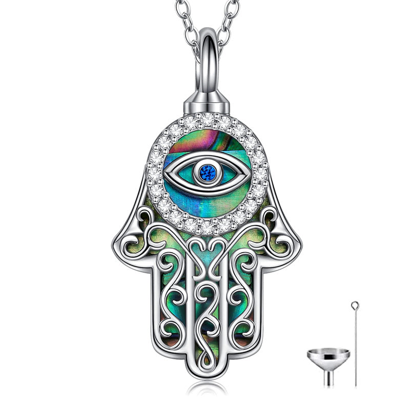Evil Eye Hamsa Hand Urn Necklace for Women Sterling Silver Abalone Shell Protection Memory Jewelry Gift