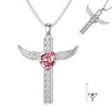 Cross Urn Necklaces for Ashes for Women S925 Sterling Silver Wing Cross Memorial Keepsake Urn Pendant with Heart Crystal