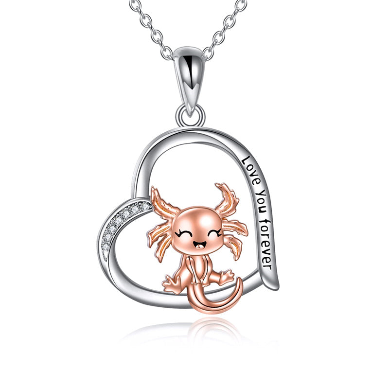 Heart Animal Necklace Sterling Silver Axolotl Pendant Necklace Heart Axolotl Jewelry for Women Girls Christmas Gifts