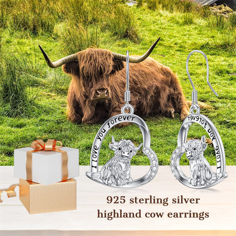 Sterling Silver Highland Cow Dangle Earrings