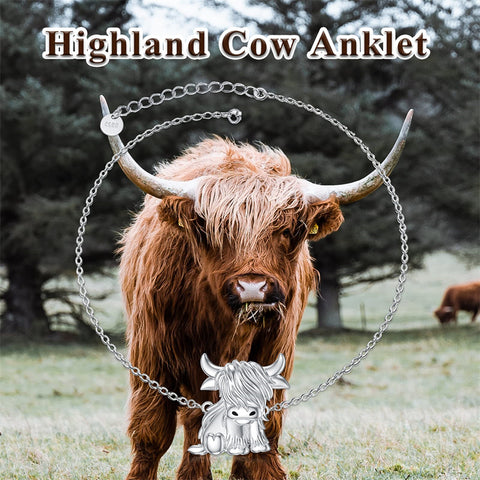 Sterling Silver Birthstone Highland Cow Single Layer Anklet