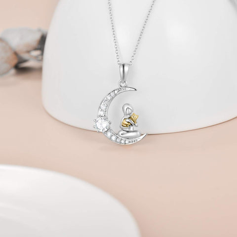 Sterling Silver Birthstone Moon Cat Pendant Necklace