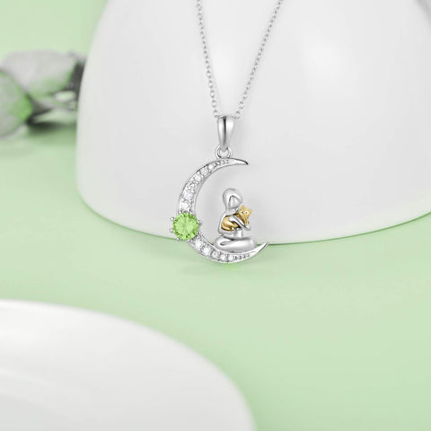 Sterling Silver Birthstone Moon Cat Pendant Necklace