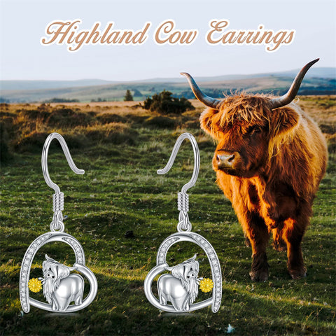 Sterling Silver Highland Cow  Dangle Earrings