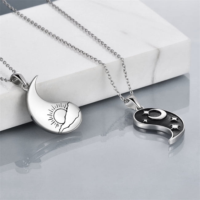 KESOCORAY Sterling Silver Magnetic Necklace for Couples Friendship Sun Moon  Jewelry Set Matching Necklaces I Love You 100 Languages Gifts for Him Her