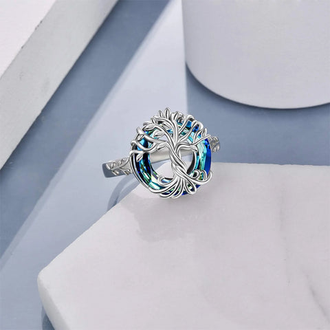 Tree of Life Ring s925 Sterling Silver with Blue Circle Crystal Jewelry Gift for Women Girls Mom Wife Birthday Mother's Day