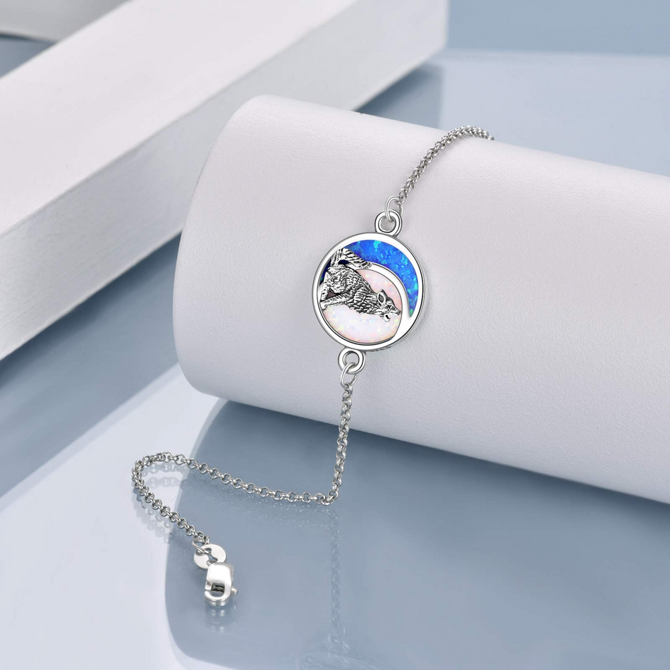 Wolf Anklet Animal Anklet for Women Girls Beach Themed Gifts Sterling Silver Beach Foot Jewelry Wolf Opal Moon Anklet