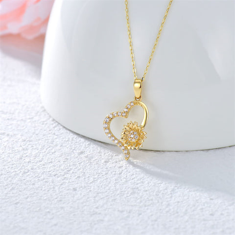 14K Gold Sunflower Heart Pendant Necklace