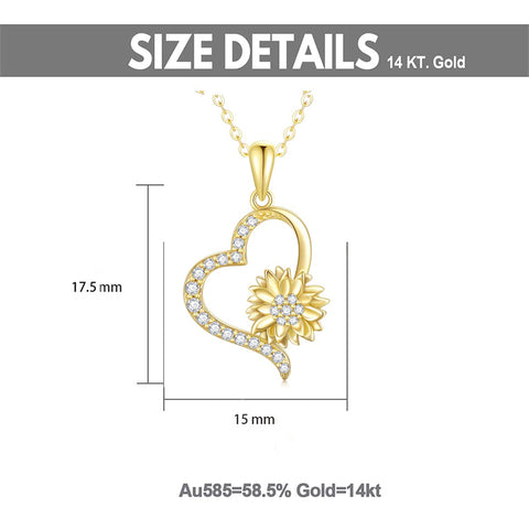 14K Gold Sunflower Heart Pendant Necklace