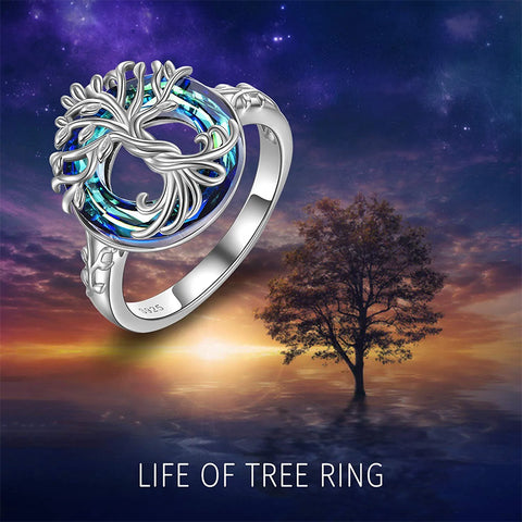 Tree of Life Ring s925 Sterling Silver with Blue Circle Crystal Jewelry Gift for Women Girls Mom Wife Birthday Mother's Day