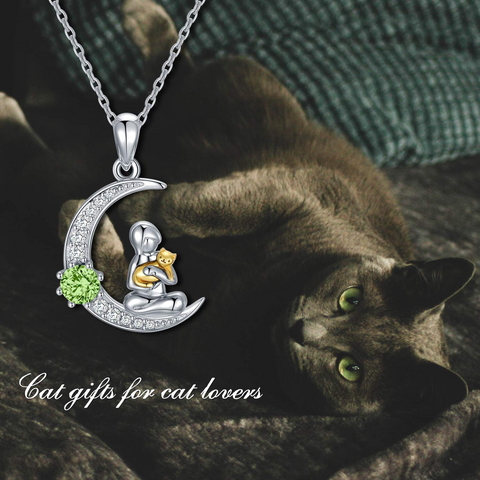 Sterling Silver Birthstone Moon Cat Pendant Necklace