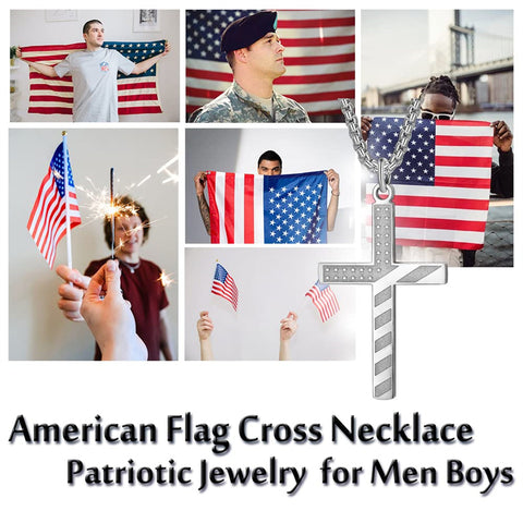 Stainless Steel American Flag Cross Pendant Necklace for Men