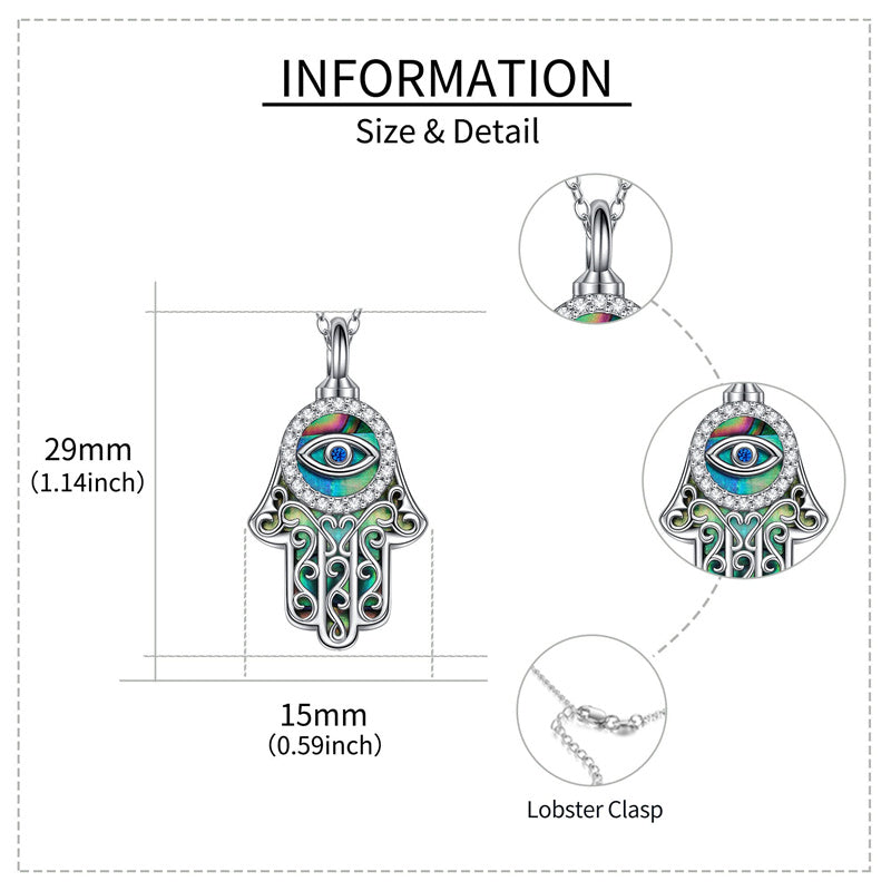 Evil Eye Hamsa Hand Urn Necklace for Women Sterling Silver Abalone Shell Protection Memory Jewelry Gift