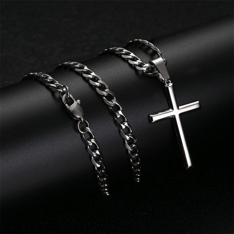 Sterling Silver Cross With Stainless Steel Cuban Link Pendant Necklace