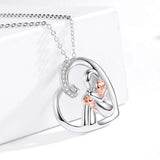 Sterling Silver Cat with Girl Heart Pendant Necklace