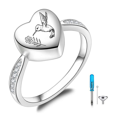 Sterling Silver Hummingbird Heart Urn Ring for Ashes Engraved With I Carry You with Me